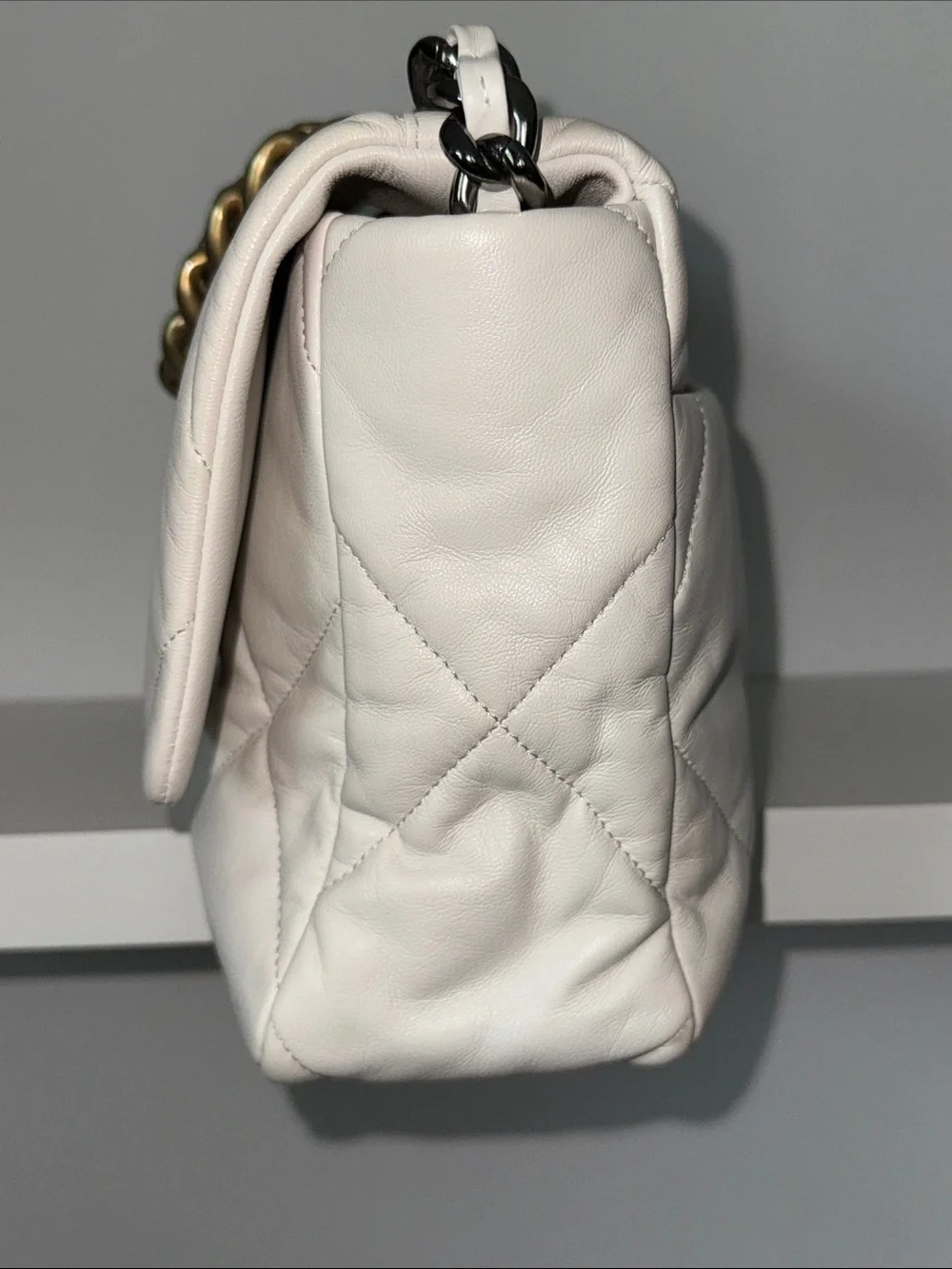 CHANEL 19 Medium Quilted Flap Bag in White with Silver and Gold Chain
